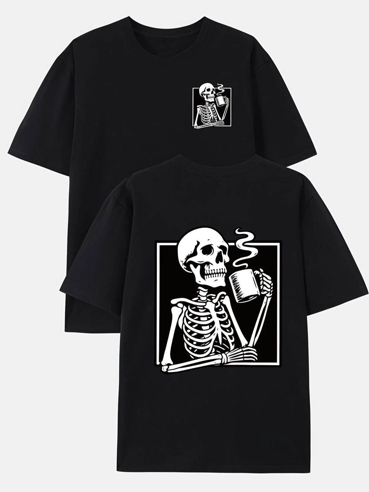 Skull Coffee Bone Pattern Double Sided Print Mens Trendy Graphic Tee