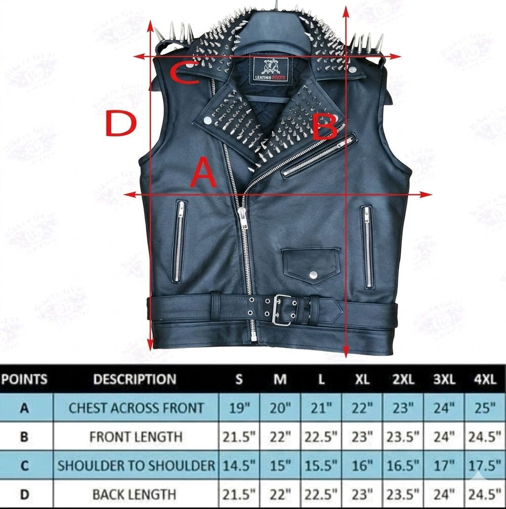 Men’s Black Leather Spiked Studded Biker Vest – Punk Rock Heavy Metal Moto Waist