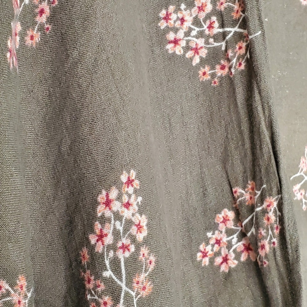 Linen Blend Cropped Kimono Cardigan Olive Green Floral Print Cottage Boho OSFM