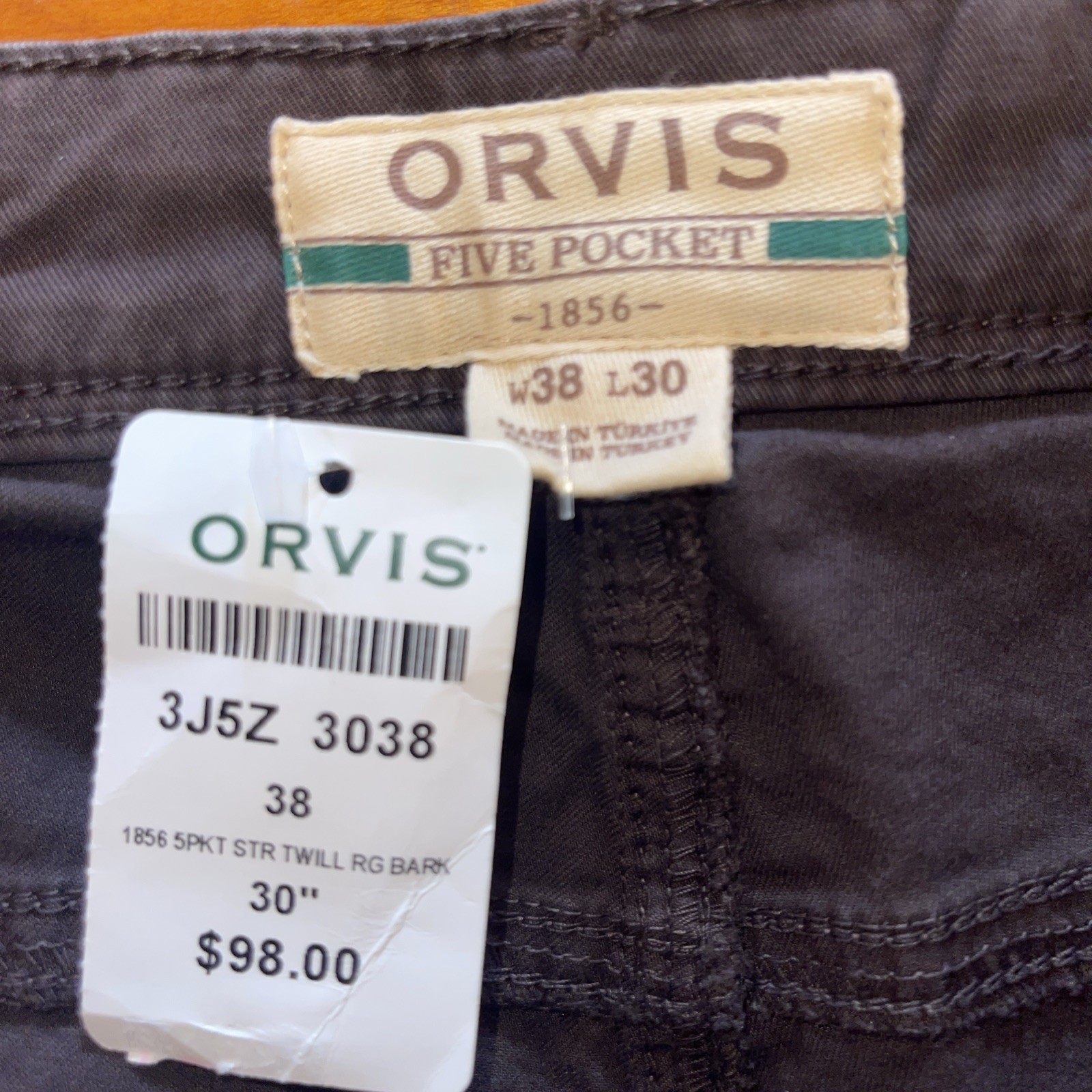 Orvis Mens 38×30 Bark/brown Five Pocket Stretch Twill Pants