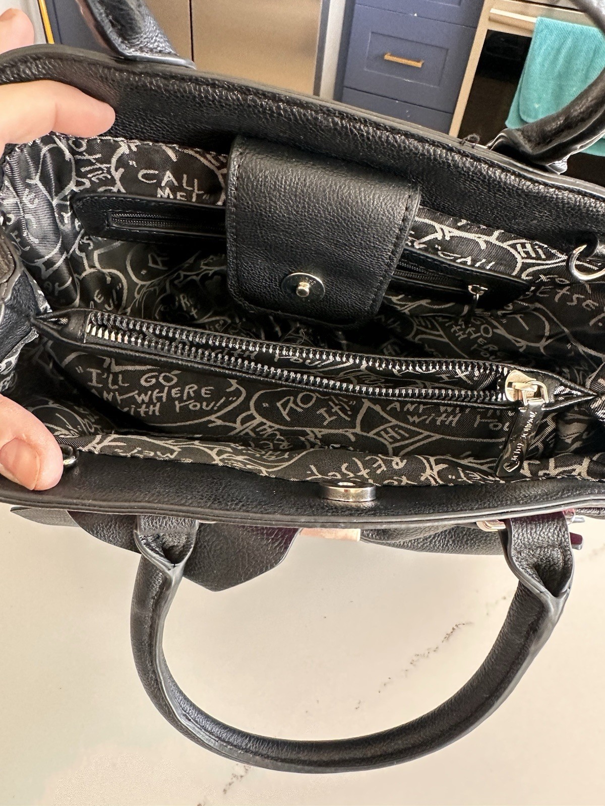 Betsey Johnson Black/Pink Heart Quilted Bow Satchel Top Handle, Zip, Pockets