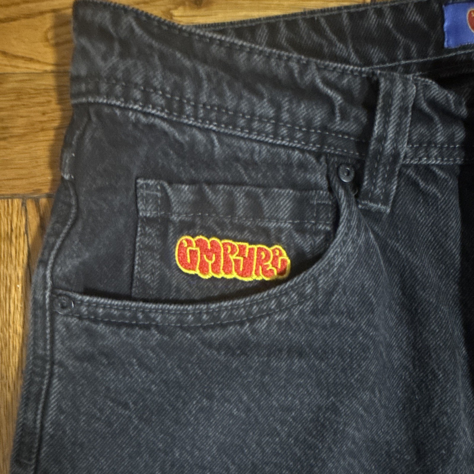 Empyre Men’s Black Dark Wash Denim Wide-Leg Regular Fit 5-Pocket Logo Jeans