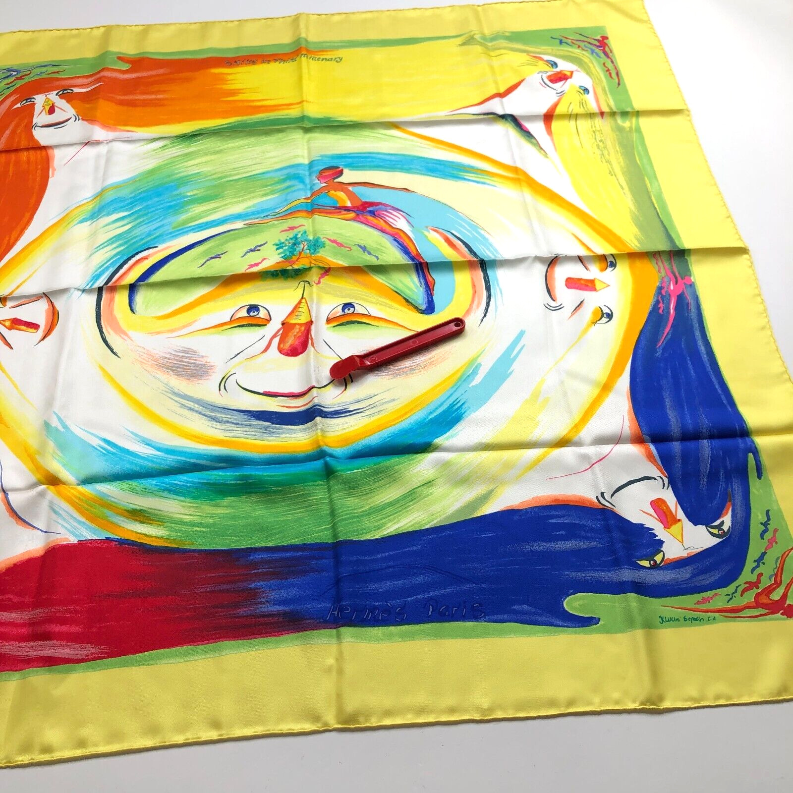Hermes Paris Smiles In Third Millenary NEW 100% Silk Scarf France RARE 35×34 HRJ