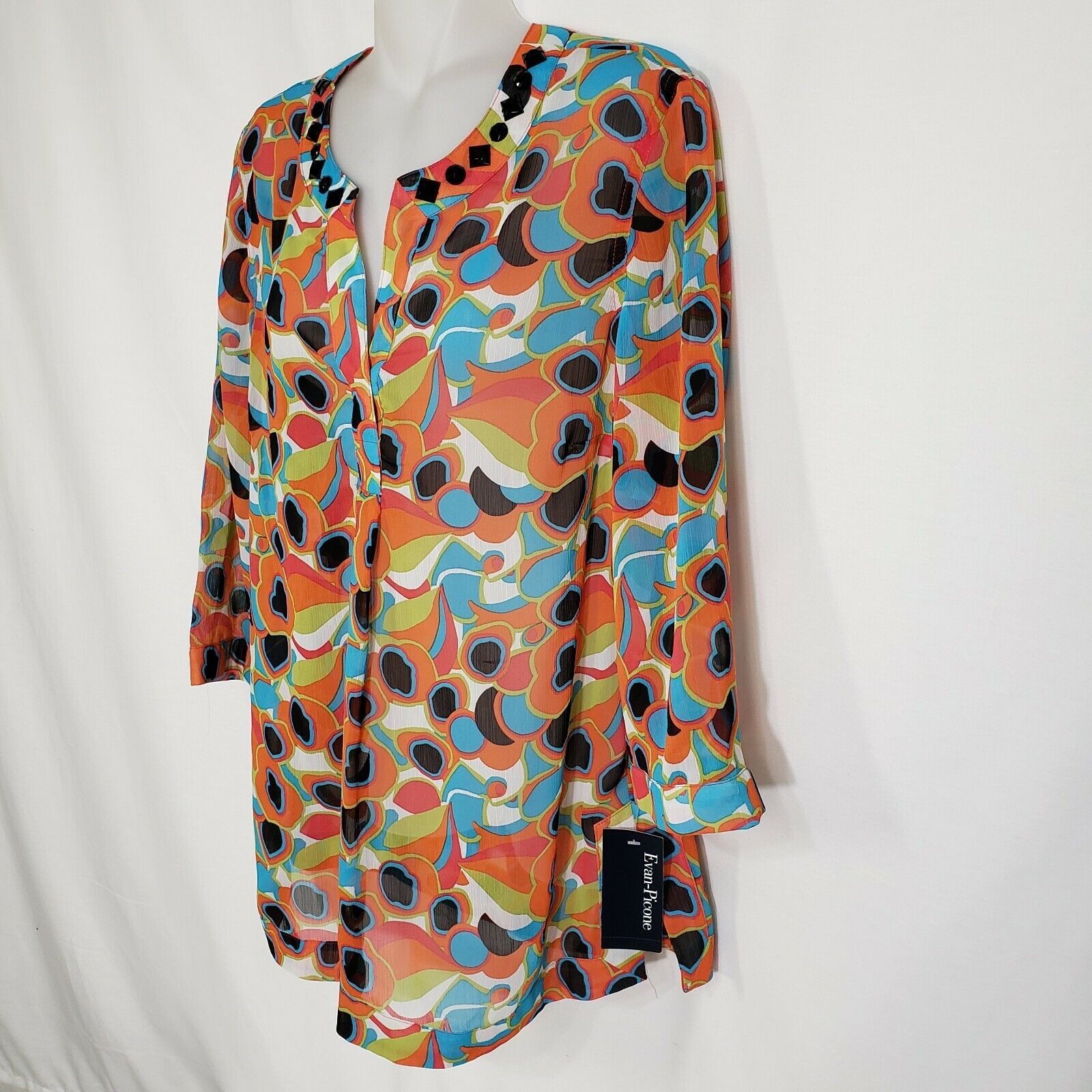 Evan Picone Womens Top Size 6 Tunic 3/4 Sleeve Semi Sheer Blouse Jewel Neckline