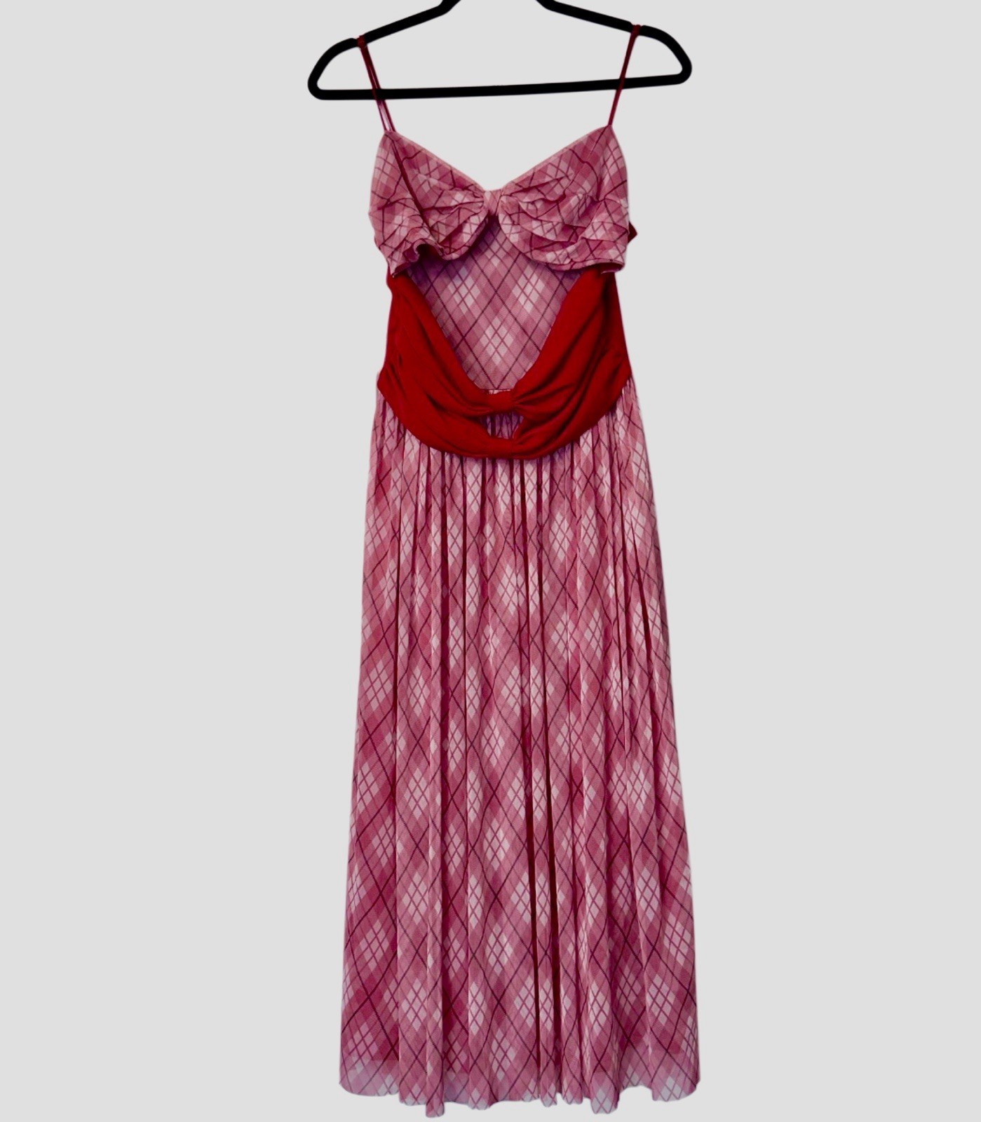 Adam Lippes Red, White & Pink Sleeveless Bow Front Mesh Plaid Midi Dress Size 6