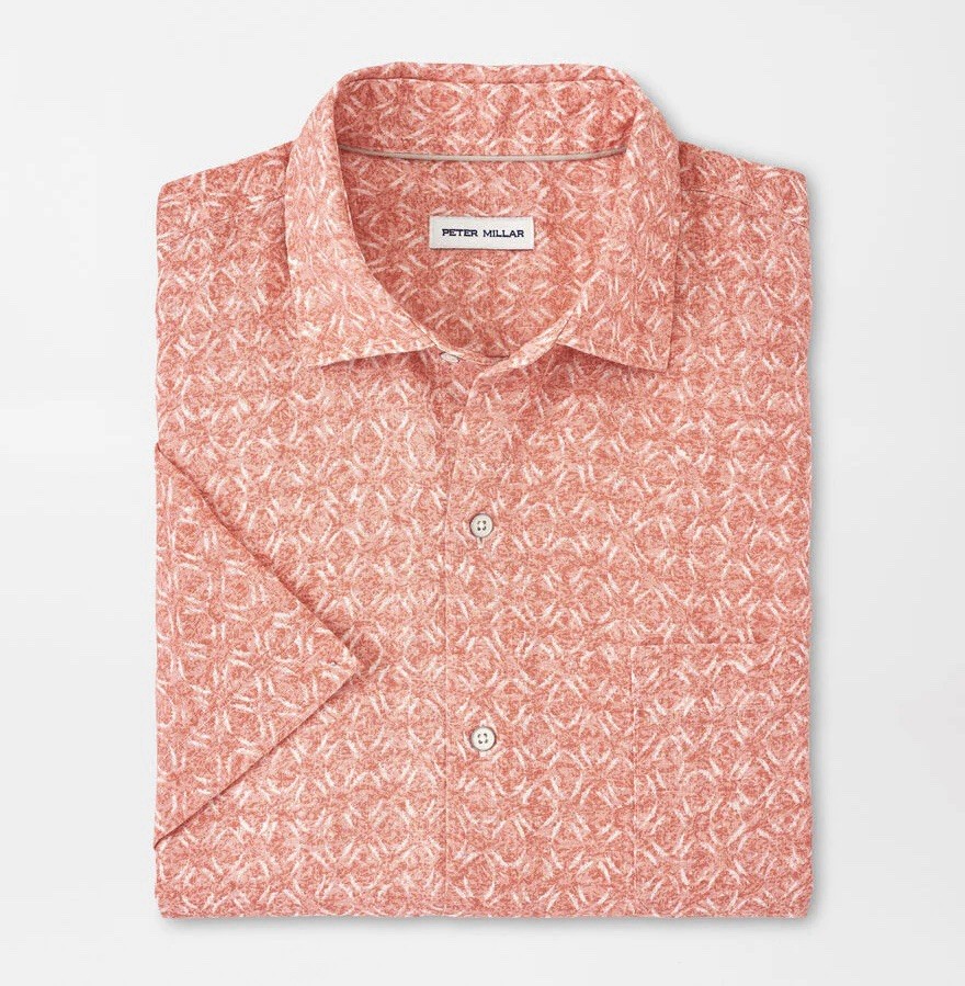 Peter Millar Clay Rose Sandblast Linen Short Sleeve Button Up Sport Shirt XL Red