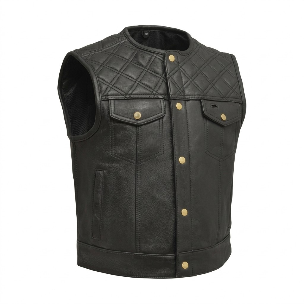 Men’s Black Genuine Leather Motorcycle Vest Biker Snap Front Quilted Club Vest