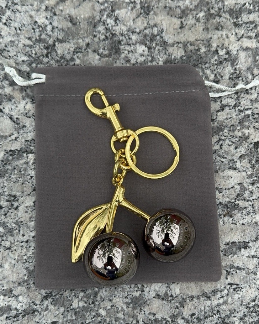 Mirrored Gunmetal Gray Cherry Bag Charm | GOLD Keychain+Premium Velvet Dust Bag
