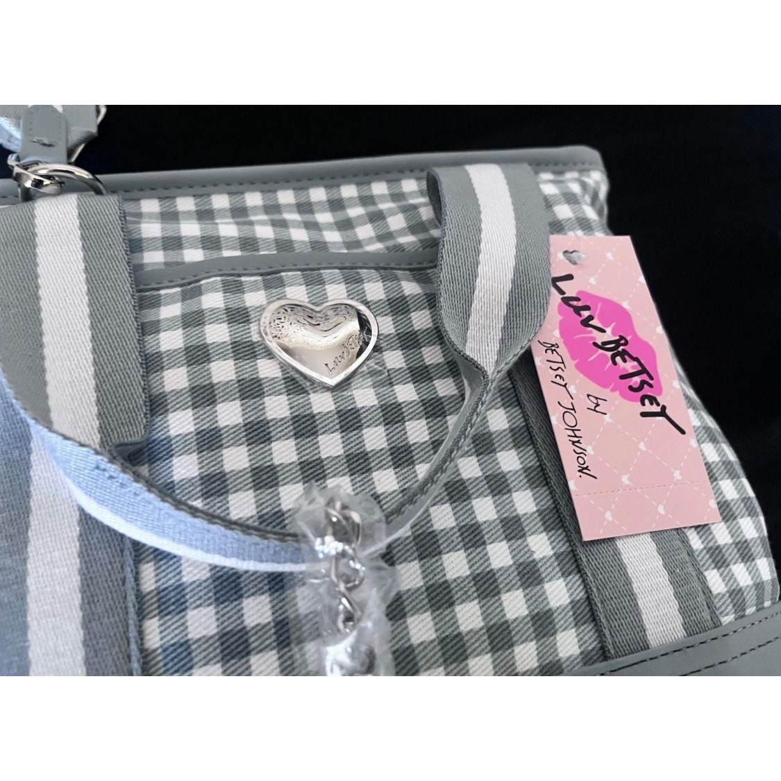 NWT Betsey Johnson Blue/Gray & White Check Crossbody/Tote Bag/Purse