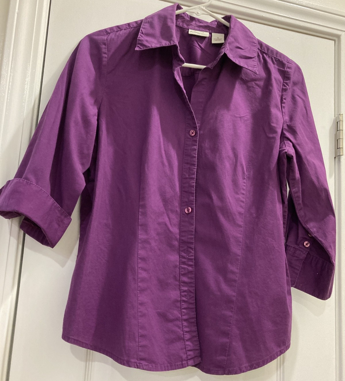 Kim Rogers Purple Button‑Up Shirt Women’s Small Casual 3/4 sleeve Vintage