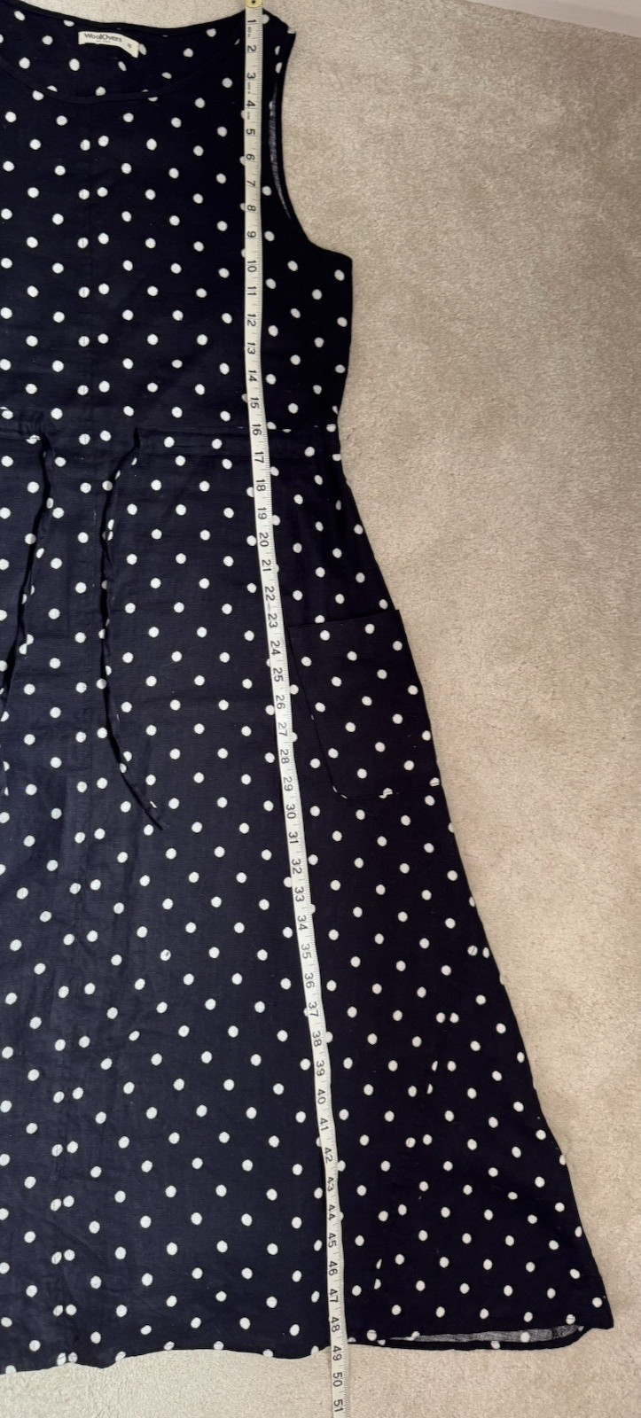 WOOLOVERS 100% LINEN NAVY/WHITE POLKA DOT SLEEVELESS DRESS SIZE 10, POCKETS