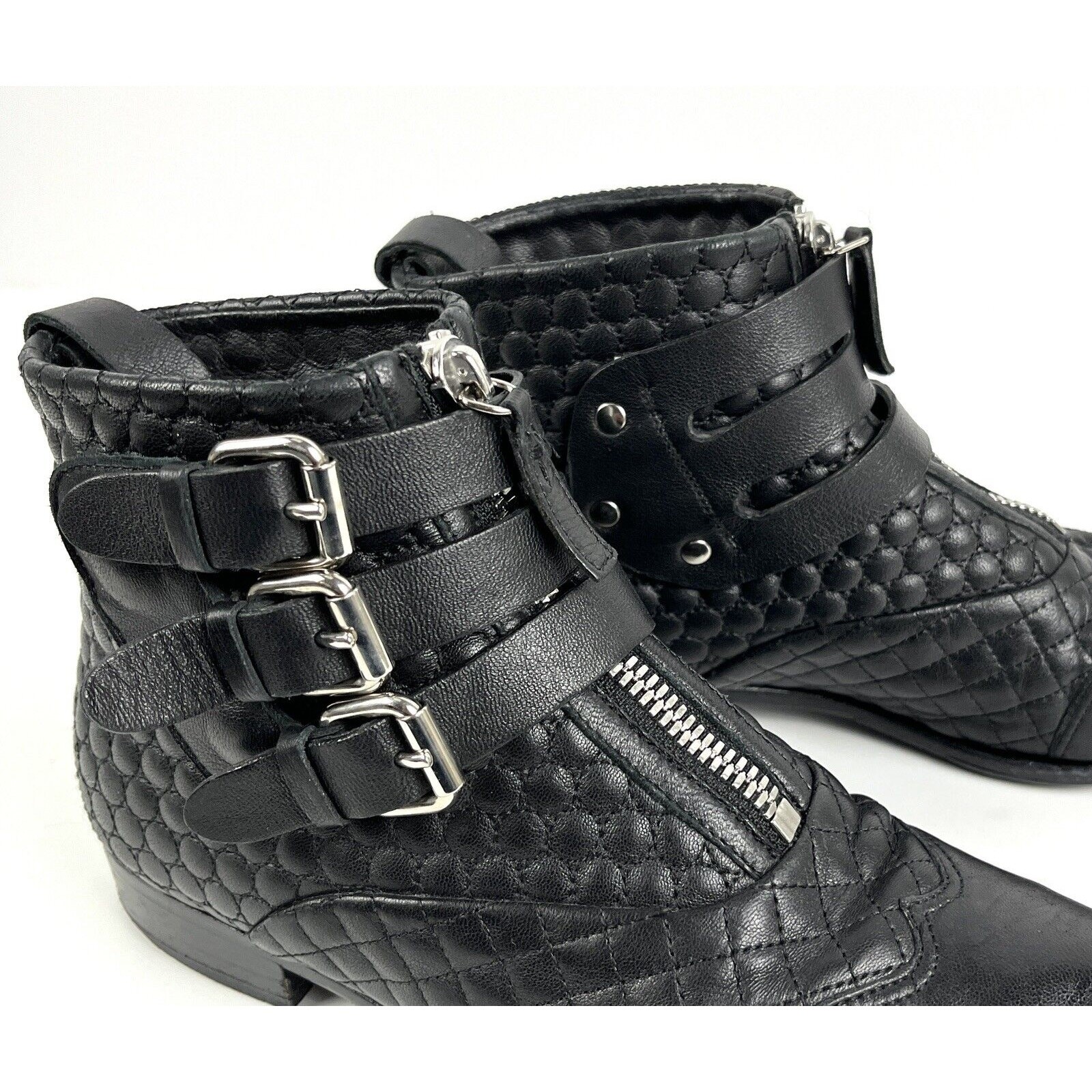 Tabitha Simmons Early Ankle Boots Size 6.5 EU 36.5 Black Quilted Buckle Pointed