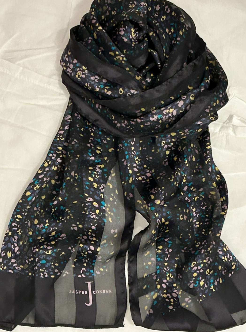 Jasper Conran Black Striped Turquoise Lilac Yellow Speckle Silk Scarf 70×10