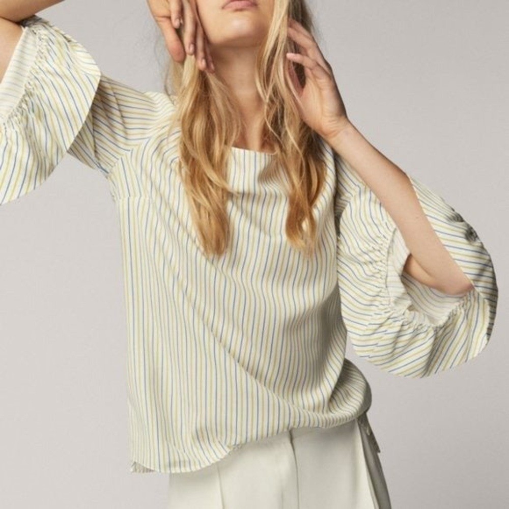 Massimo Dutti New women size 8 bell sleeve v back striped blouse top flowy