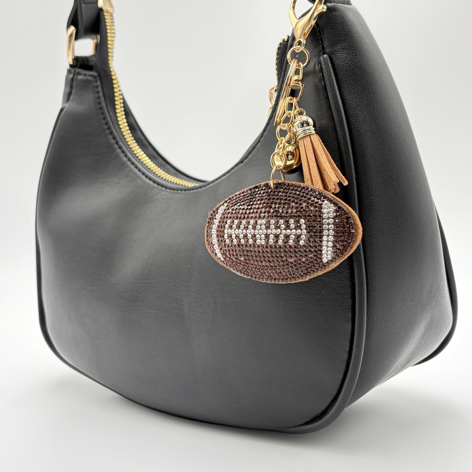 Football Rhinestone Bag Charm Keychain Sports Fan Tassel Brown Gift