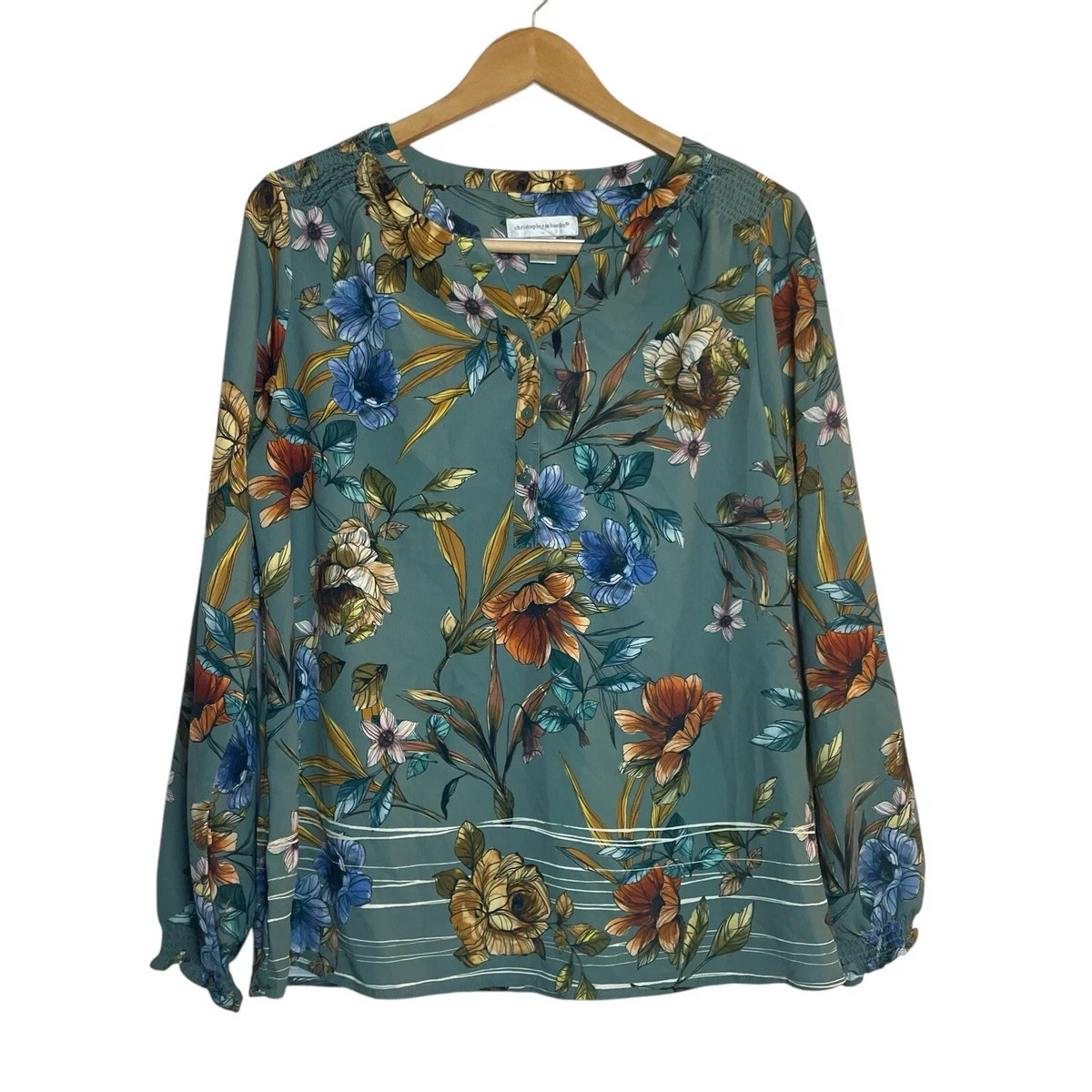 Christopher & Banks Women’s Green Floral Blouse Medium Boho Peasant Fairy Forest