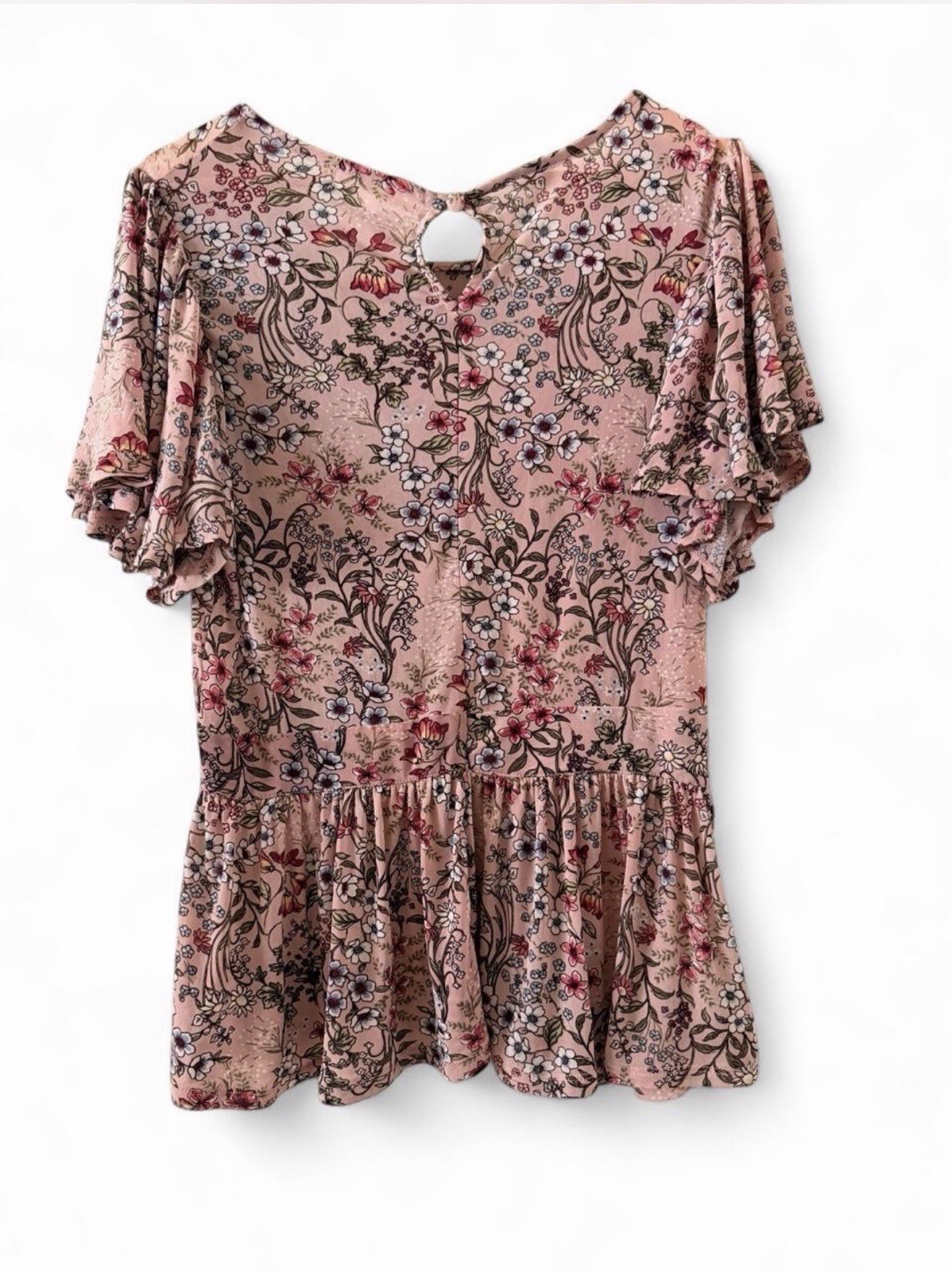 Eden & Olivia Pink Floral Ruffle Flutter Short Sleeve Round Neck Blouse Women M