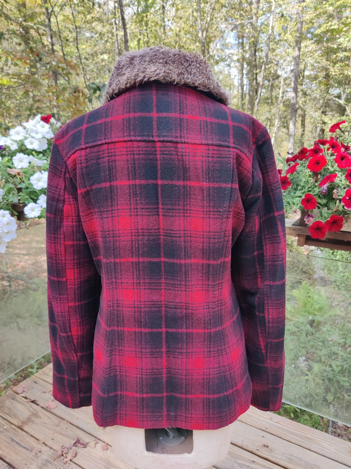 H&M LOGG Plaid Wool Blend Jacket Womens 10 Pockets Faux Fur Trim Full Zip Tartan