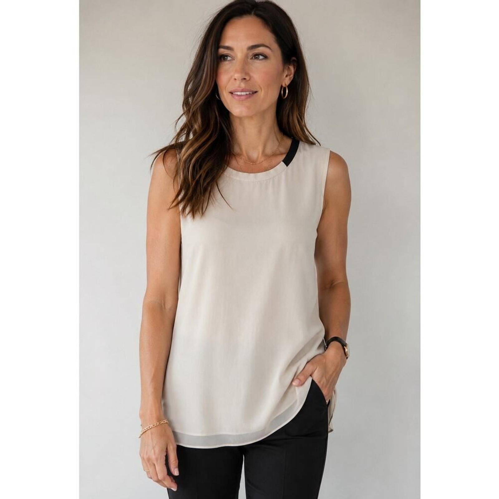 René Lezard Sleeveless Tunic Blouse Ivory Black Trim Size 39 EU Minimalist