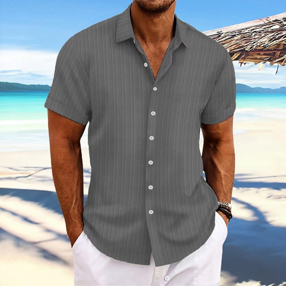 2025 Men Striped Button Down T Shirts Grandad Summer Short Sleeve Casual Tops