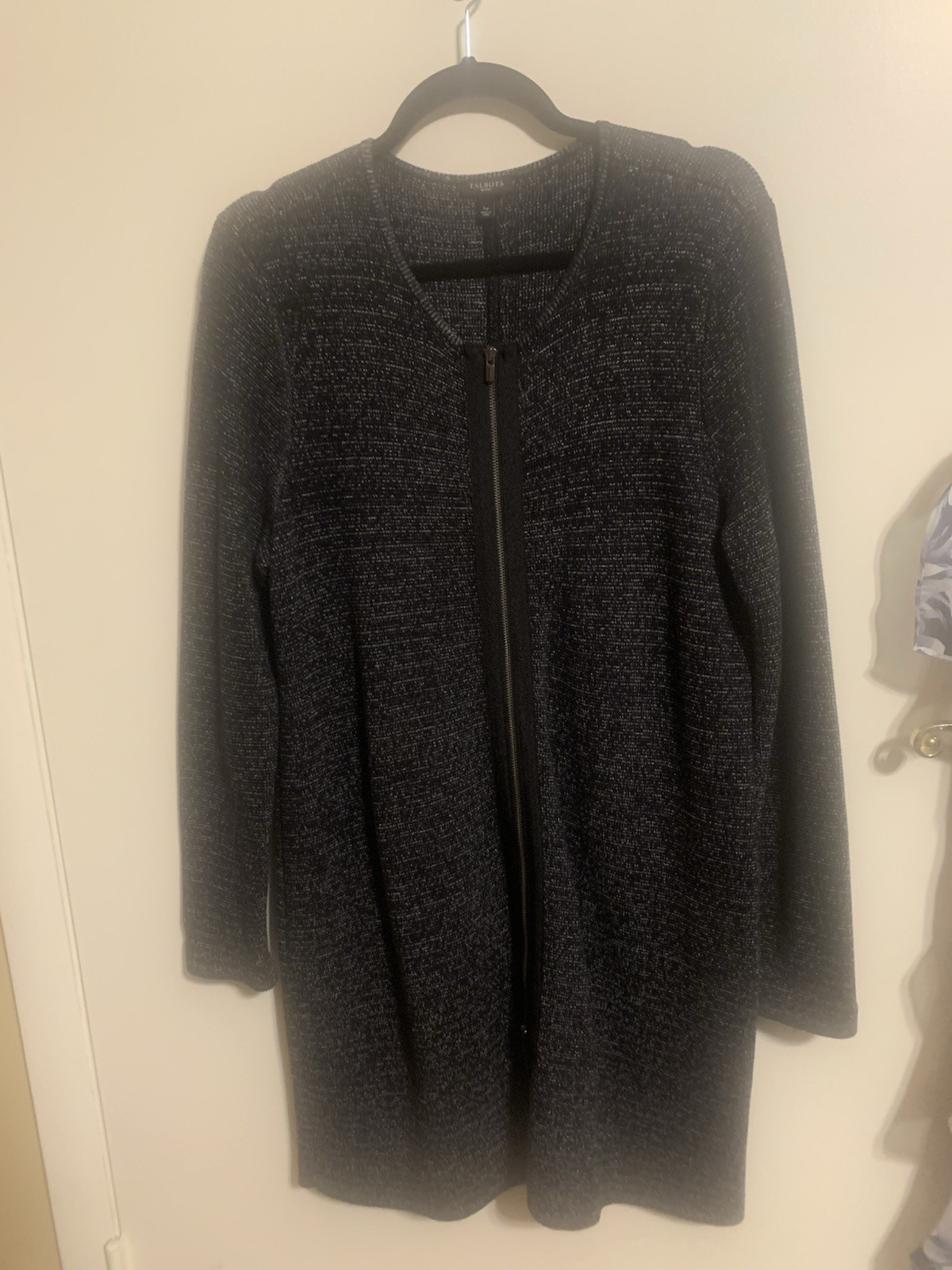 Talbots Petites LP Black/White Marled Mid-Length Full Zip Dress Long Sleeve
