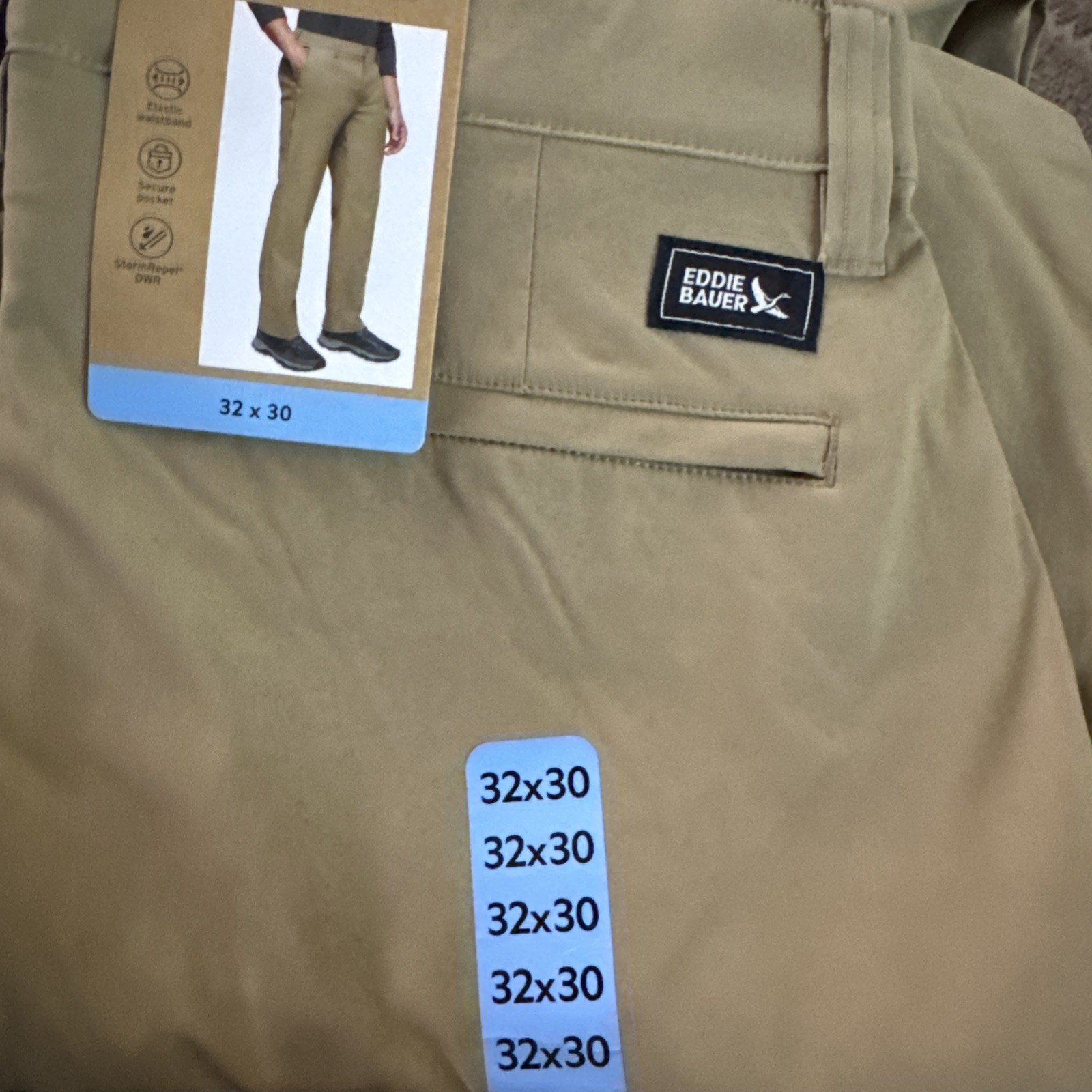 Eddie Bauer Tech Men’s Chino Pants Khaki 32 X 30 Water Repellent UPF50 Stretch