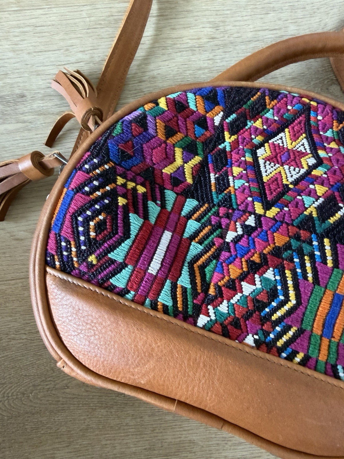 Women’s Brown & Multicolor Geometric Boho Small Half Moon Crossbody Zip Bag