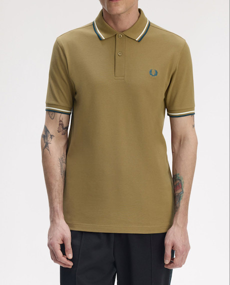 Fred Perry M3600 Twin Tipped Mens Cotton Polo Shirt in Shaded Stone Size L