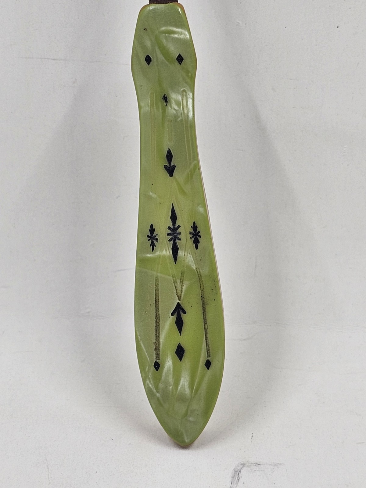 Antique Button Hook Olive Yellow Bakelite Handle Steel Shaft Victorian Shoe Tool