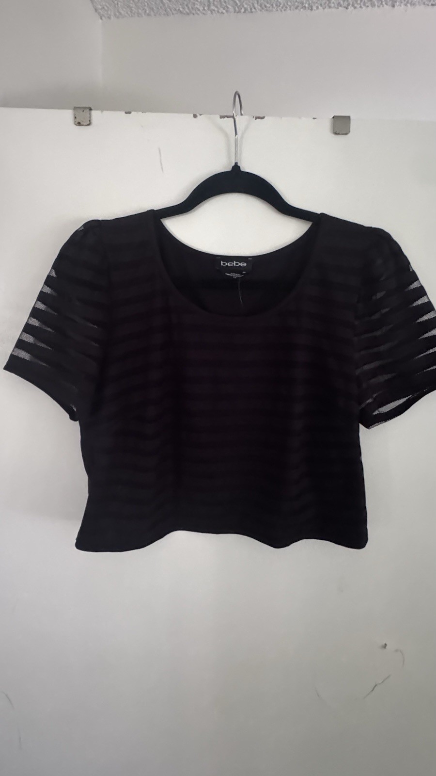 bebe Black Cropped Sheer Stripe Knit Round Neck Short Sleeve Top NWT L