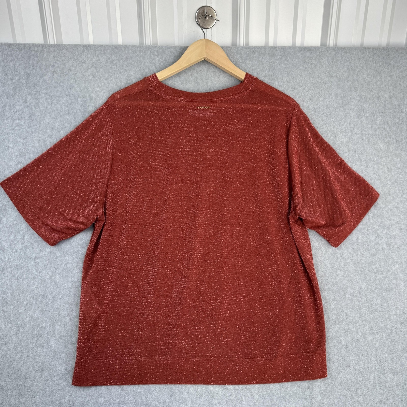 Momoni Top Womens Medium Rust Red Metallic Knit Shimmer Short Sleeve Italy