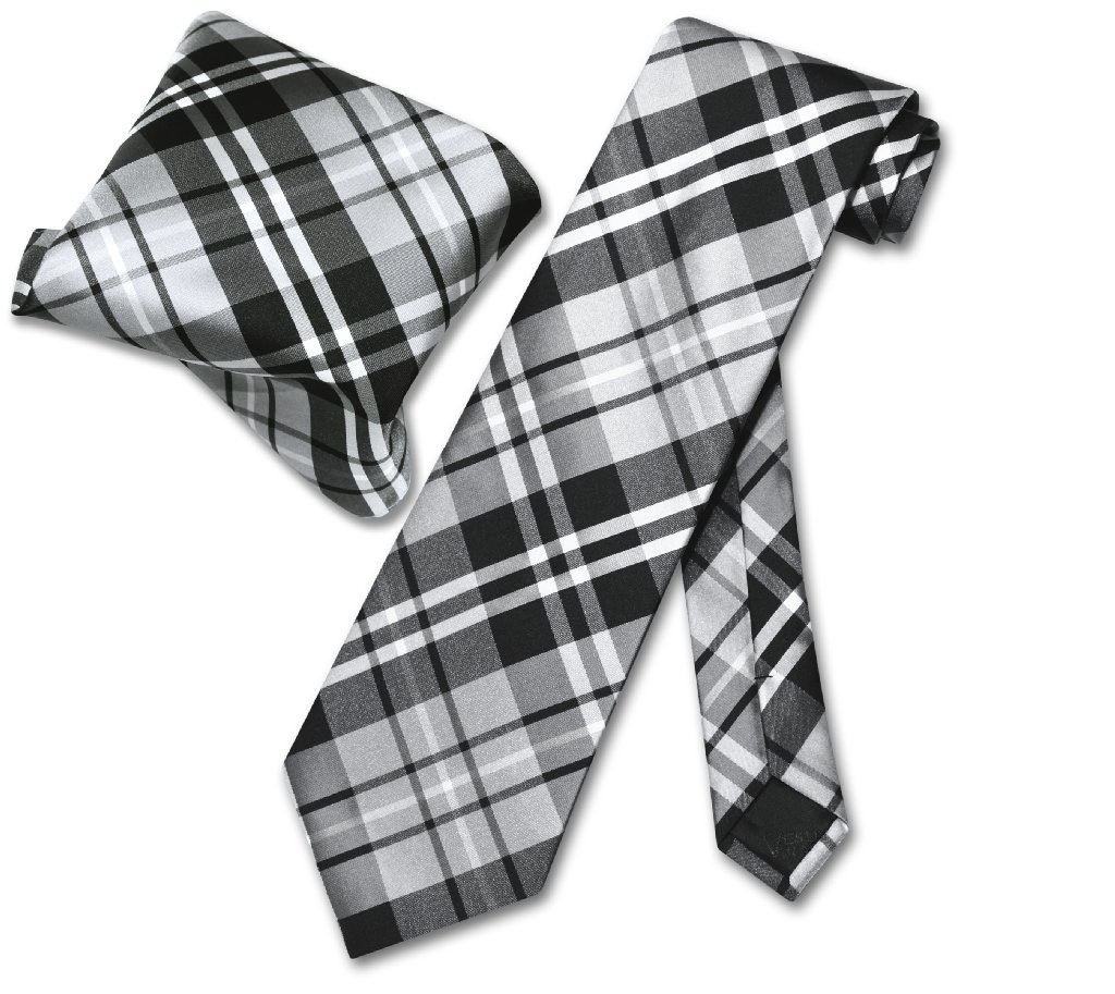 Vesuvio Napoli Black Gray White PLAID NeckTie and Handkerchief Matching Tie Set