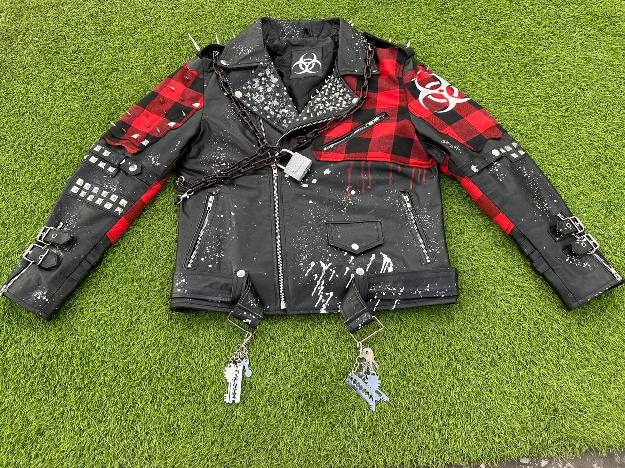 Rockstar Black Studded Biker Leather Jacket Punk Rock Zipper Patch Moto Style