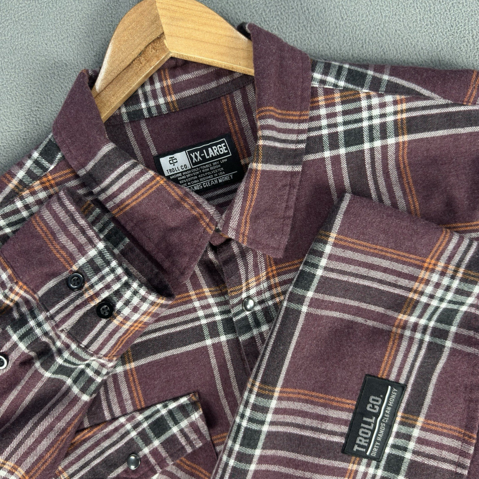 Troll Co Pearl Snap Flannel Shirt Mens 2XL Red Dirty Hands Clean Money