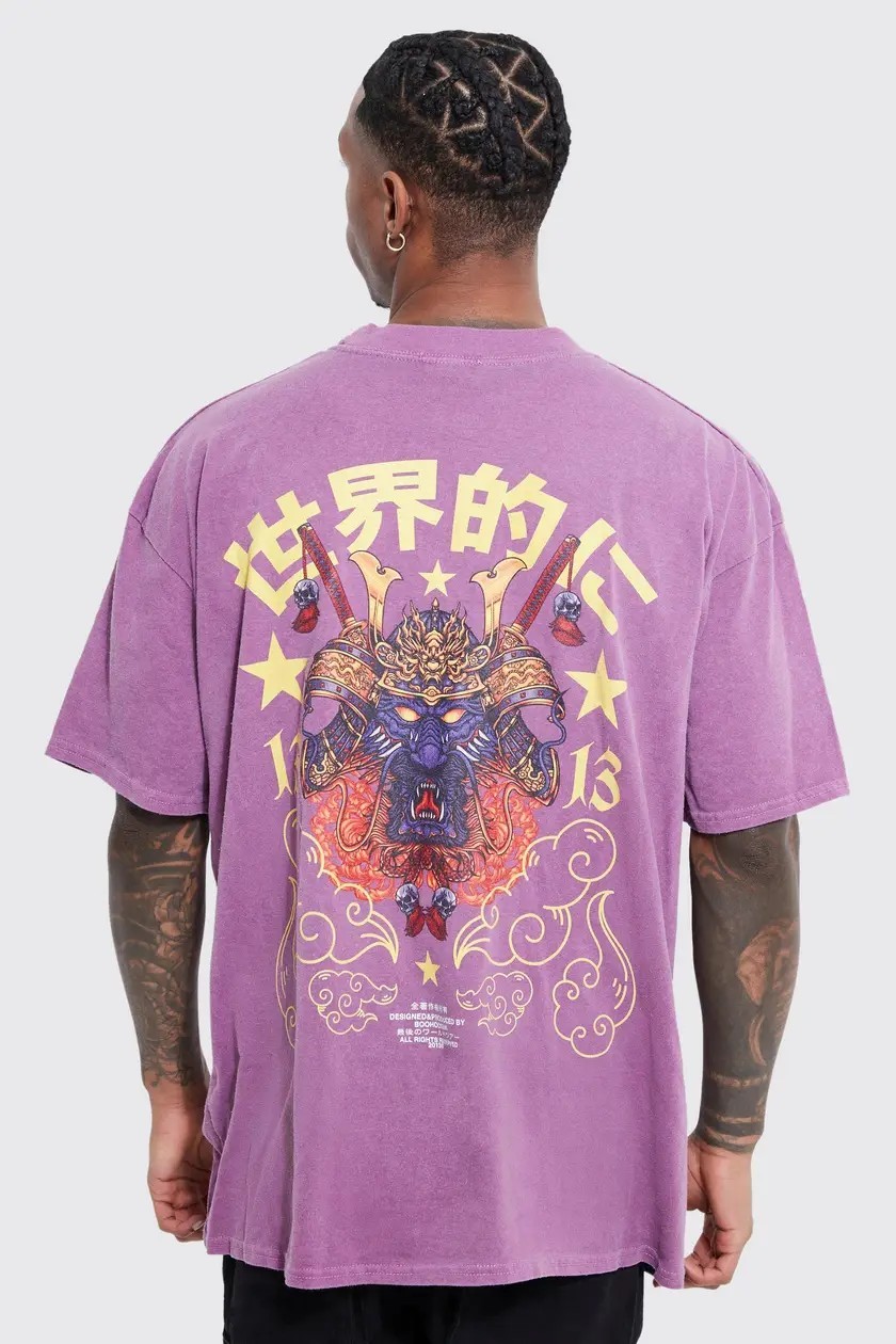 Boohoo Man Mens Purple Graphic Print Oni Samurai Short Sleeve Oversized T-Shirt