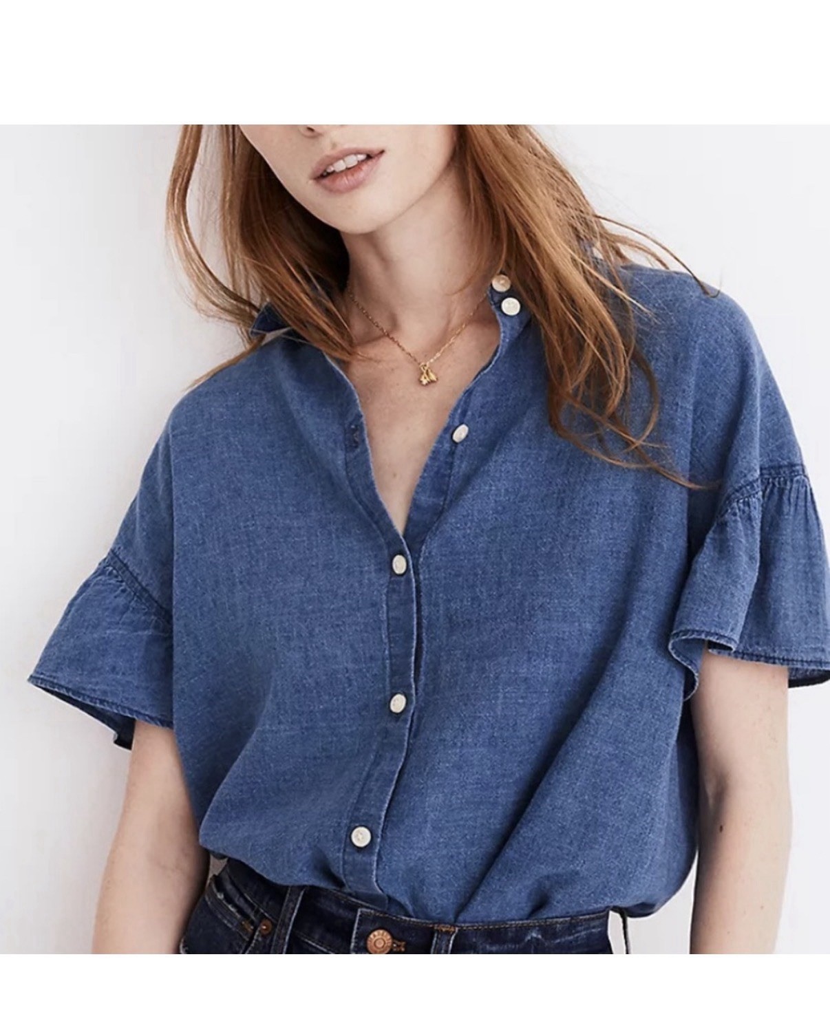 Madewell Blue Chambray Linen Cotton Ruffle Short Sleeve Collared Button-Up XS