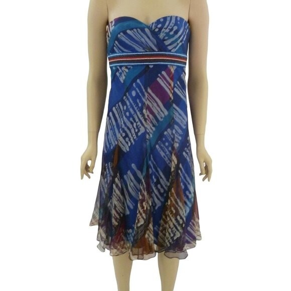 CARMEN MARC VALVO Strapless Blue Dress Beaded Silk Party 8