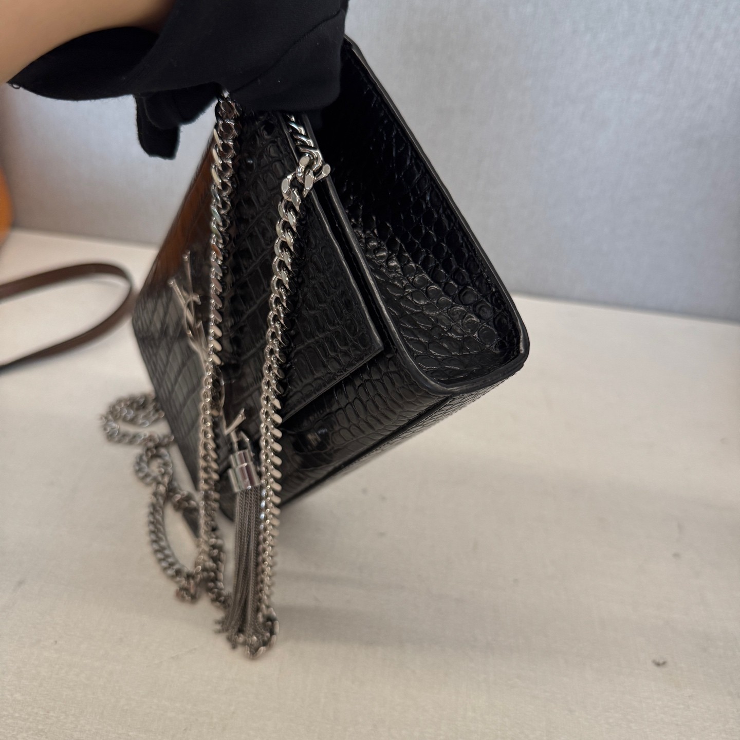 Saint Laurent Kate Small Black Croc Embossed Cowhide Crossbody Bag US Ship