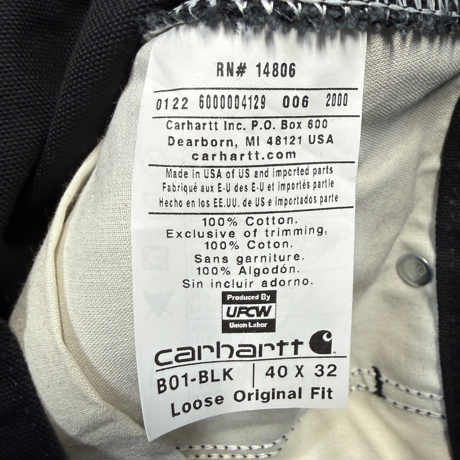 Carhartt Double Knee Pants Mens 40×32 Black Loose Fit Original Canvas B01 BLK