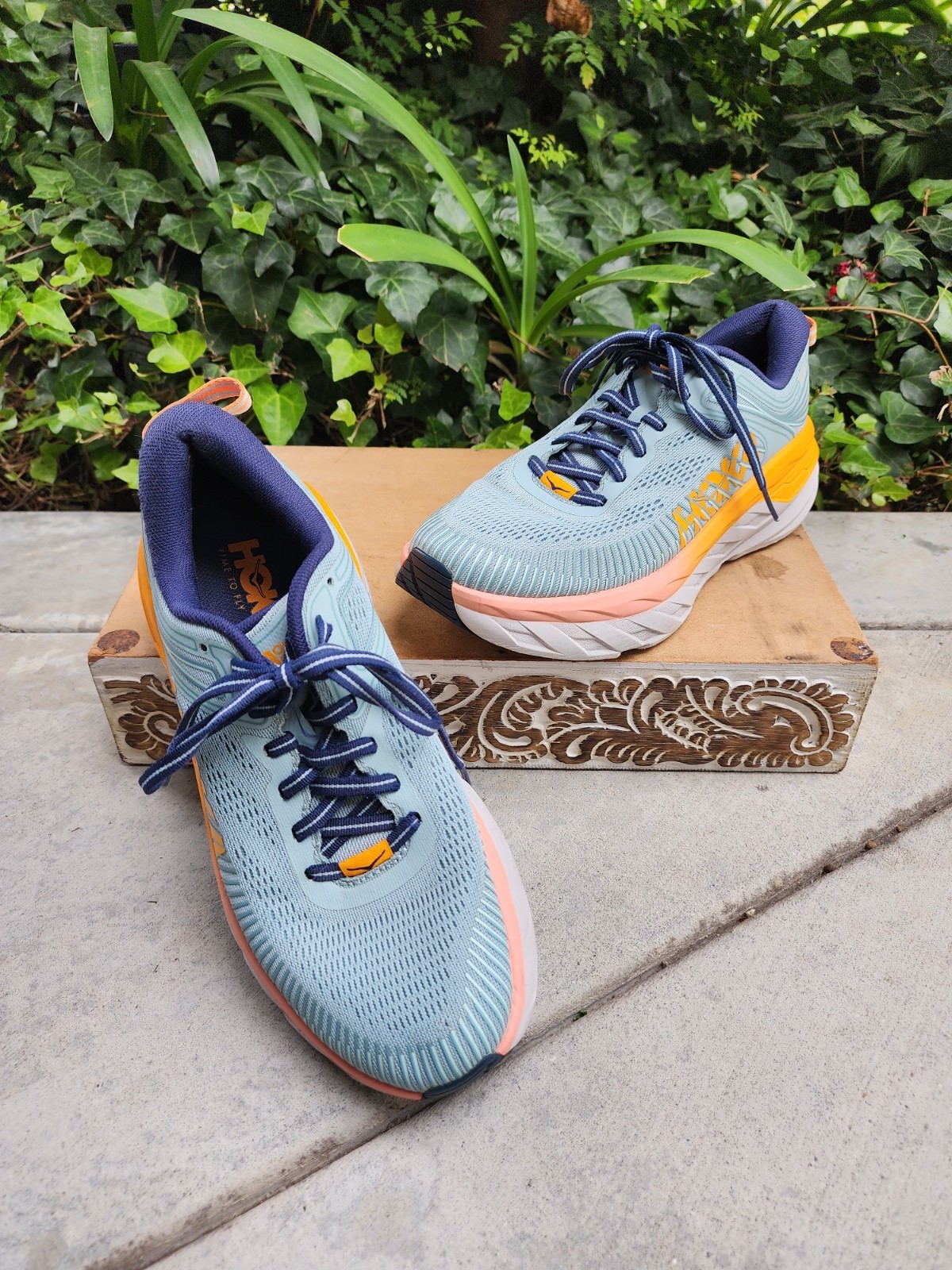 HOKA ONE ONE Women’s Running Athletic Sneakers Lace Up Low Top Blue Orange