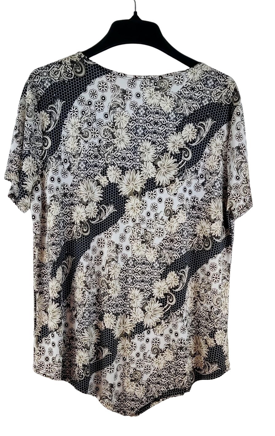 Silky Jersey Knit Tunic Top Black White 2X Exclusive One Floral Print Asymmetric