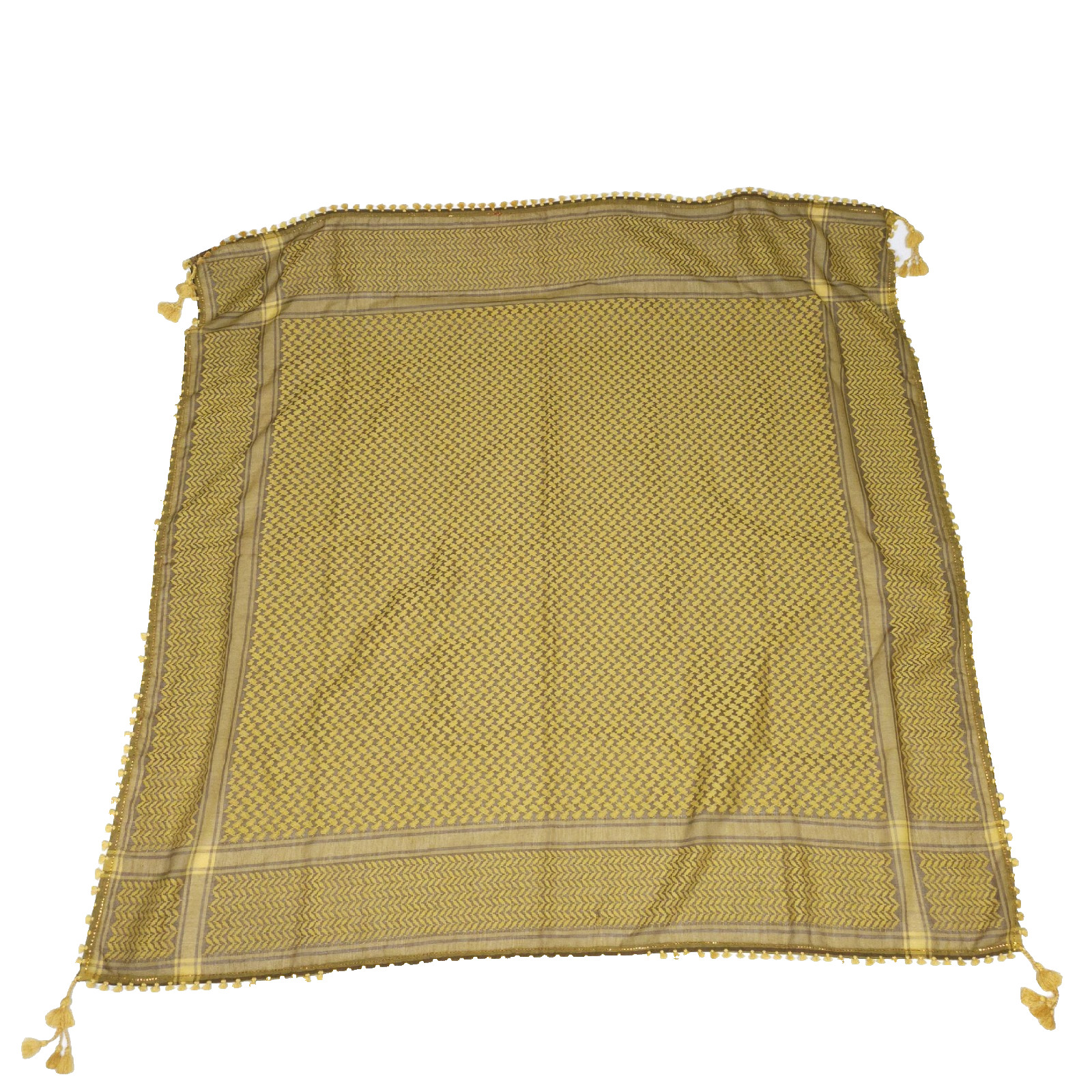 Scarf Wrap Shawl Brown Yellow Gold Embroidered Pom Pom Tassel Trim 44″ X 43″