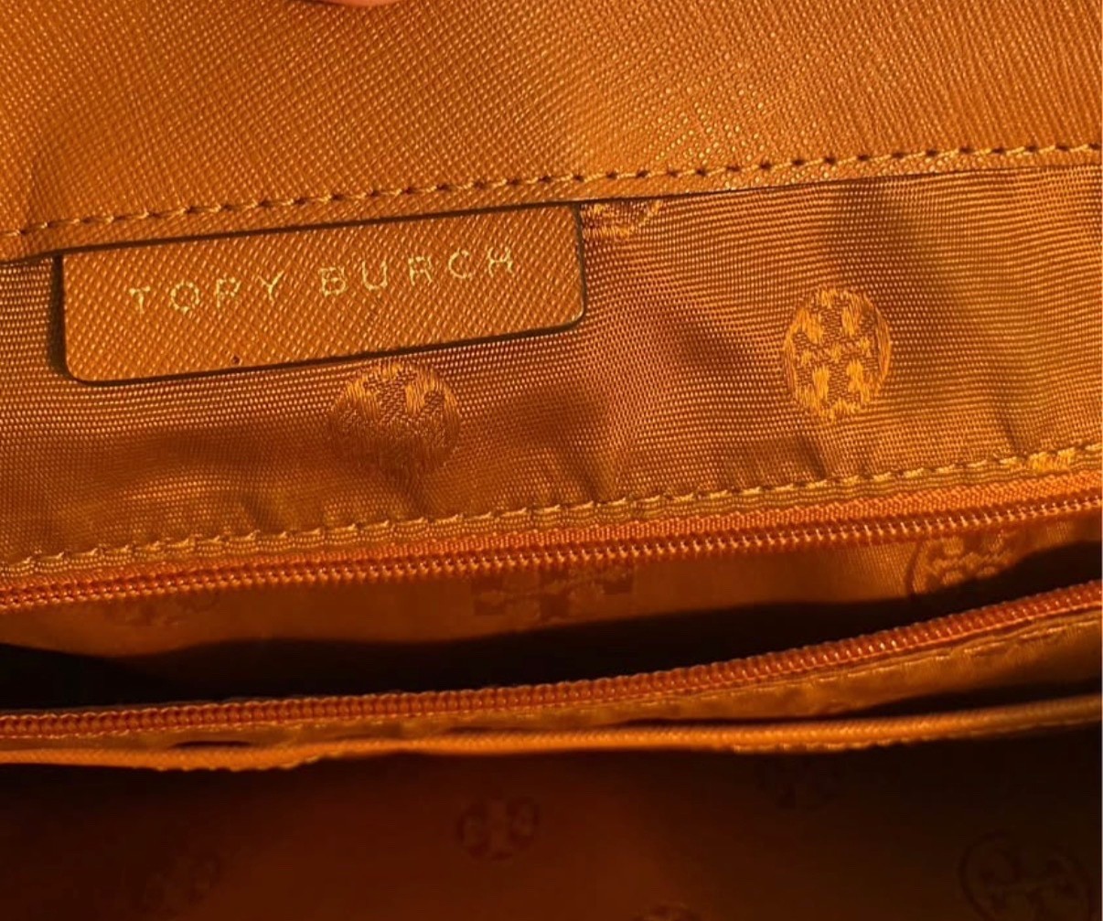 Tory Burch Brown Saffiano Leather. Large buckle tote