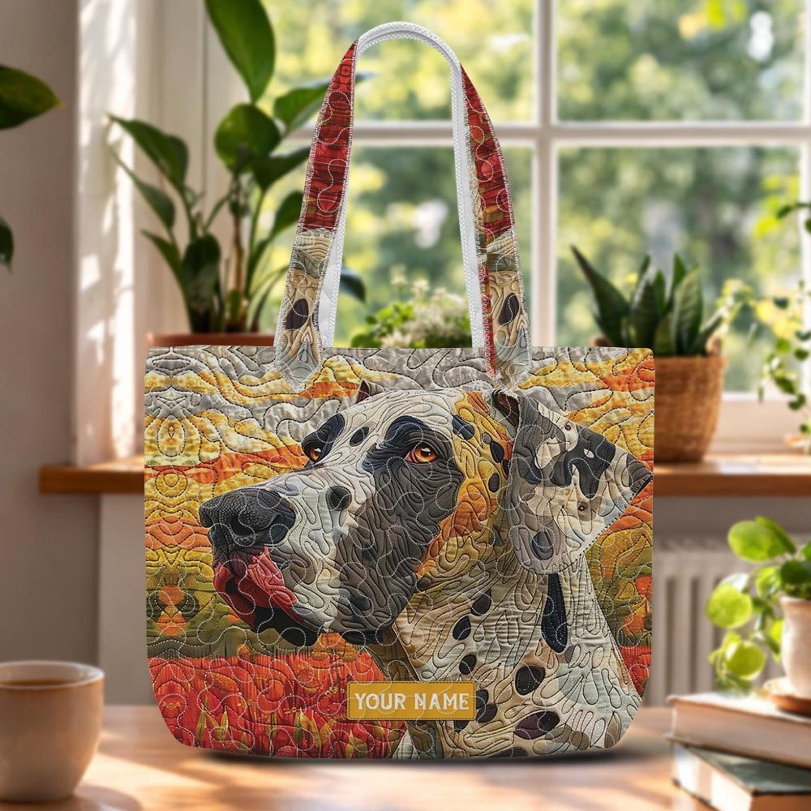 Great Dane Quilted Tote Bag, Custom Gentle Giant Mom Padded Handbag, Big Dog Lov