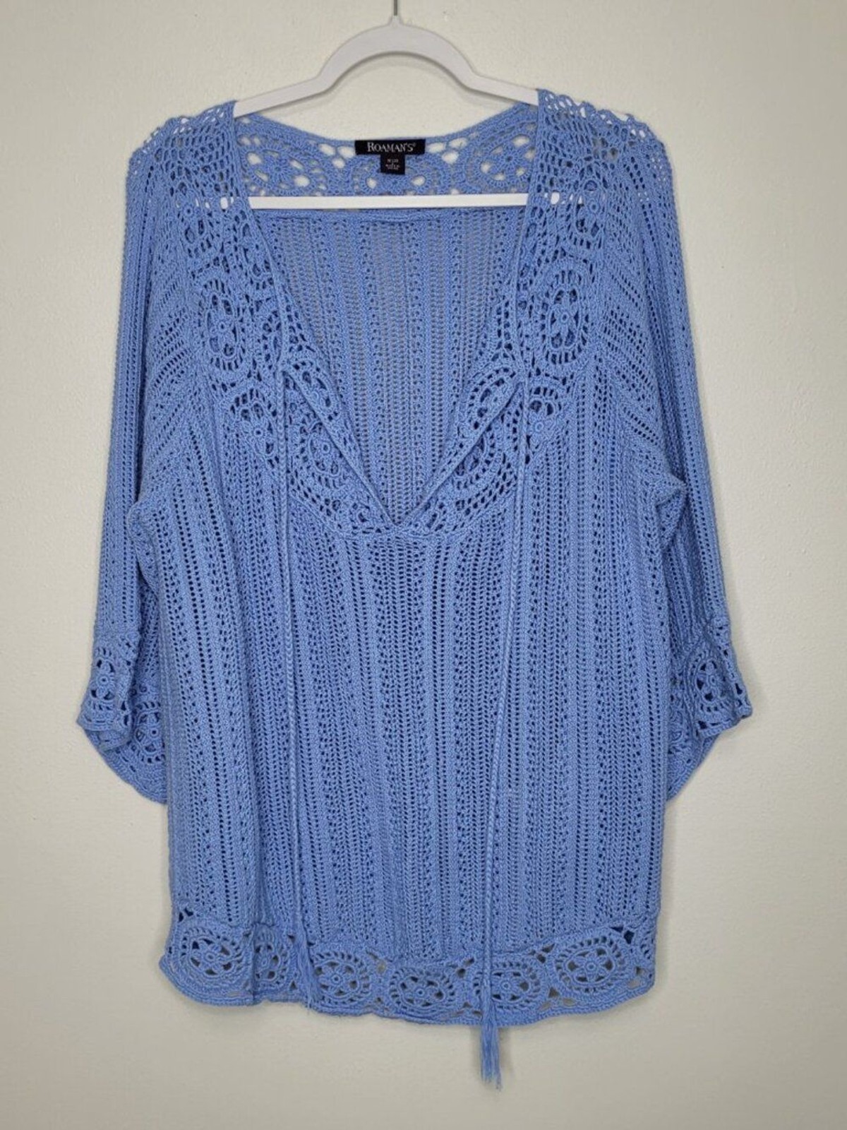 Romans open knit crochet tassel pull over beachy coastal plus size sweater