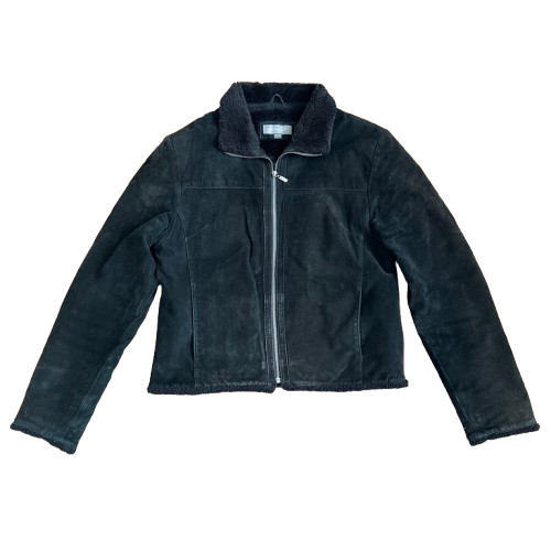 Ben Sherman Jacket Womens Black Size UK 16 XXL Suede Full Zip Fur Trim Vintage .