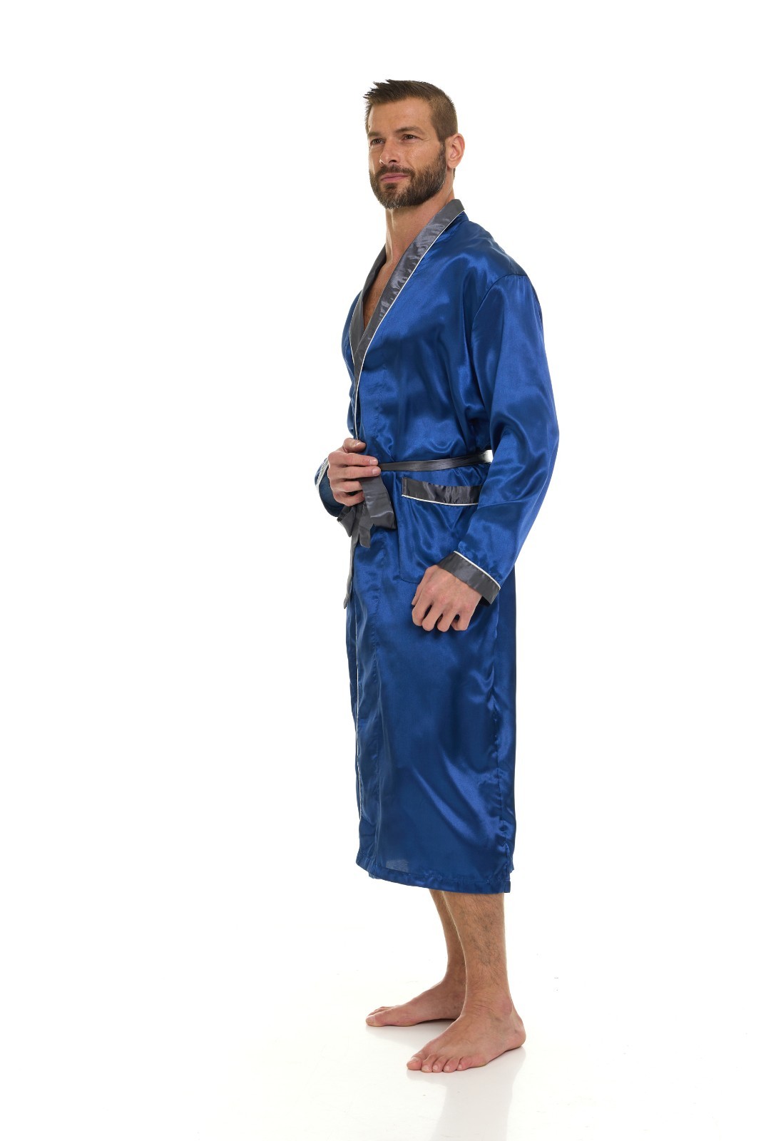 Mens Silk Satin Robe – NAVY / GRAY COLLAR – ” 5 day Delivery – USA ”