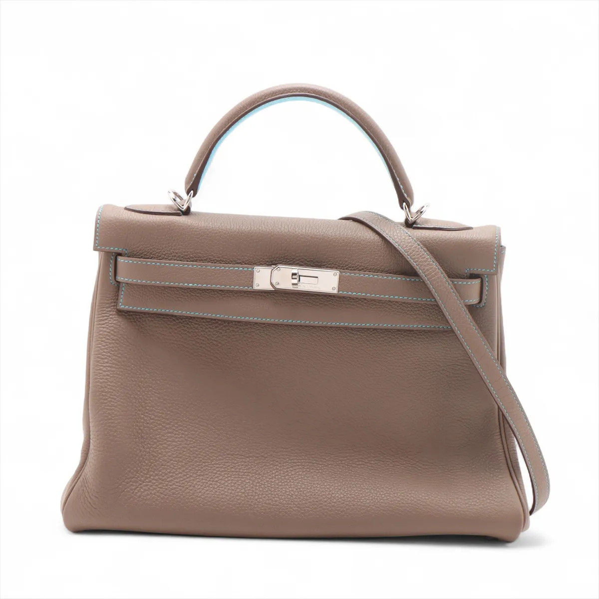 Hermès Kelly 32 Le Tournay Verso Togo Etoupe x Blue Aztec Silver Metal Fittings