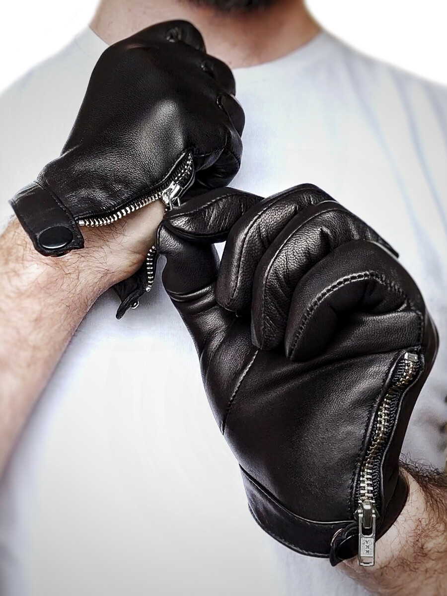 Men Side Open Zipper With Button Lambskin Real Leather Black Gloves