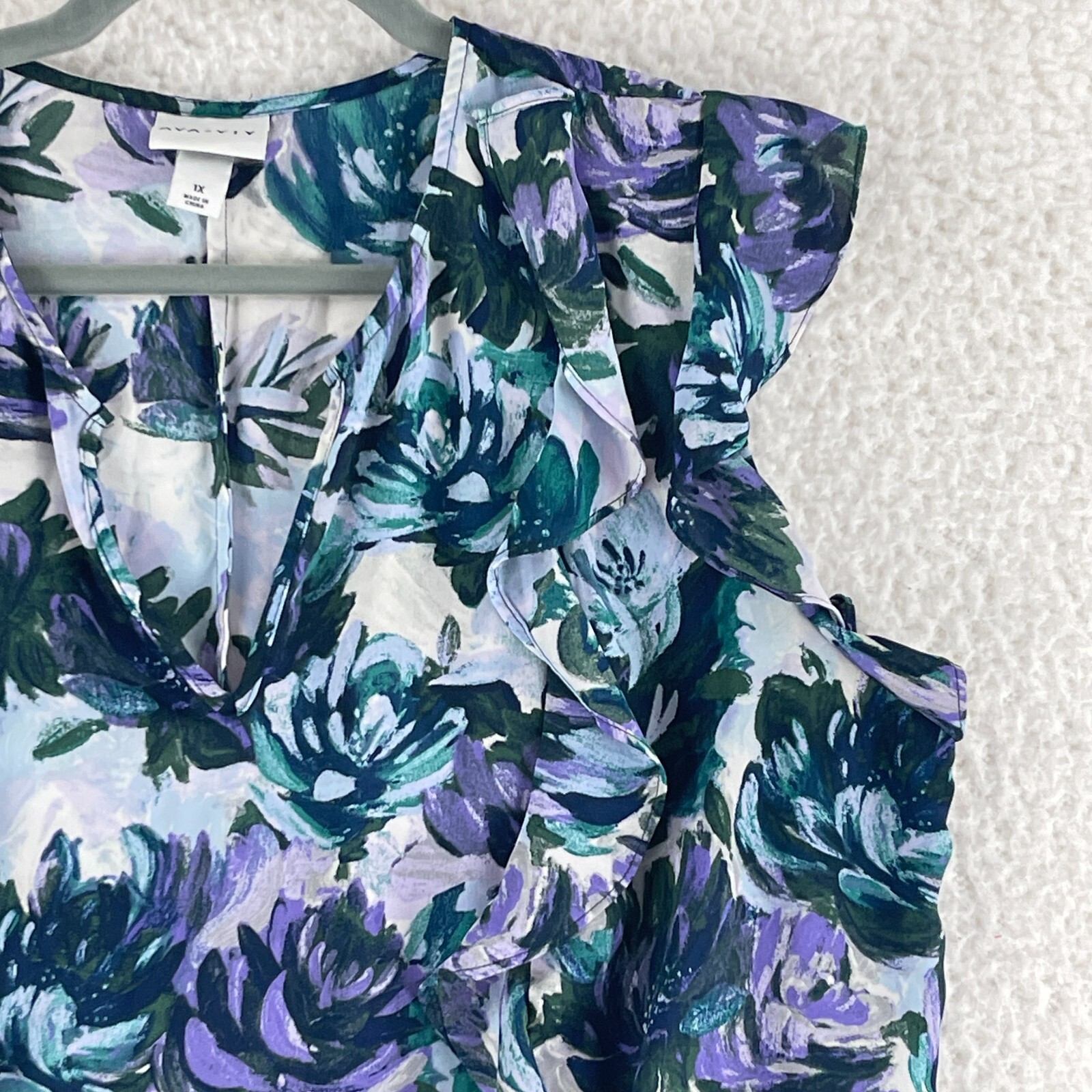 Ava & Viv Floral Flutter Sleeve Shirt Womens Plus 1X V-Neck Short Sleeve Top